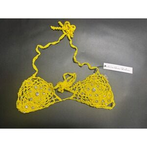 Monica Hansen New Crochet Rhinestone Bikini Top Yellow Size Small‎